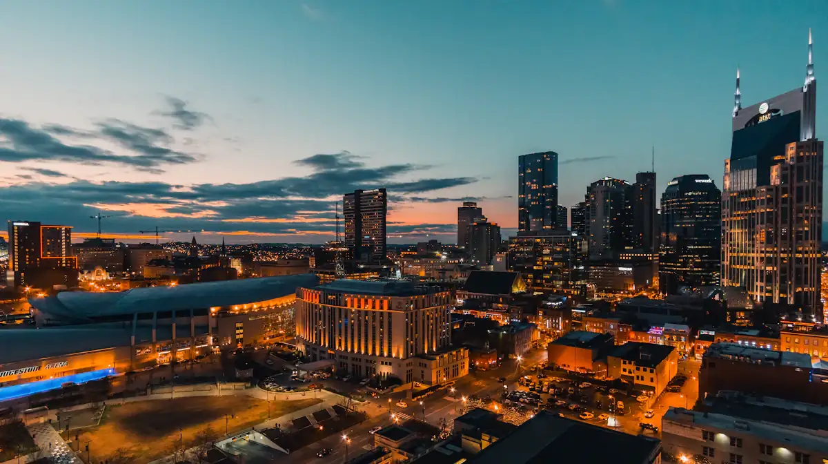 Nashville rooftop skyline at dusk