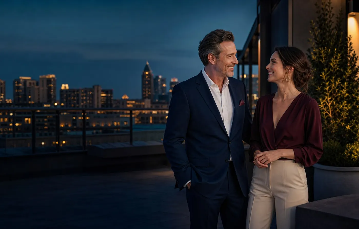 Adult couple talking on a refined Nashville rooftop at blue hour