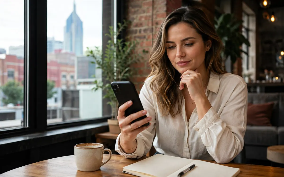 Woman thoughtfully reviewing a dating profile in a Nashville cafe