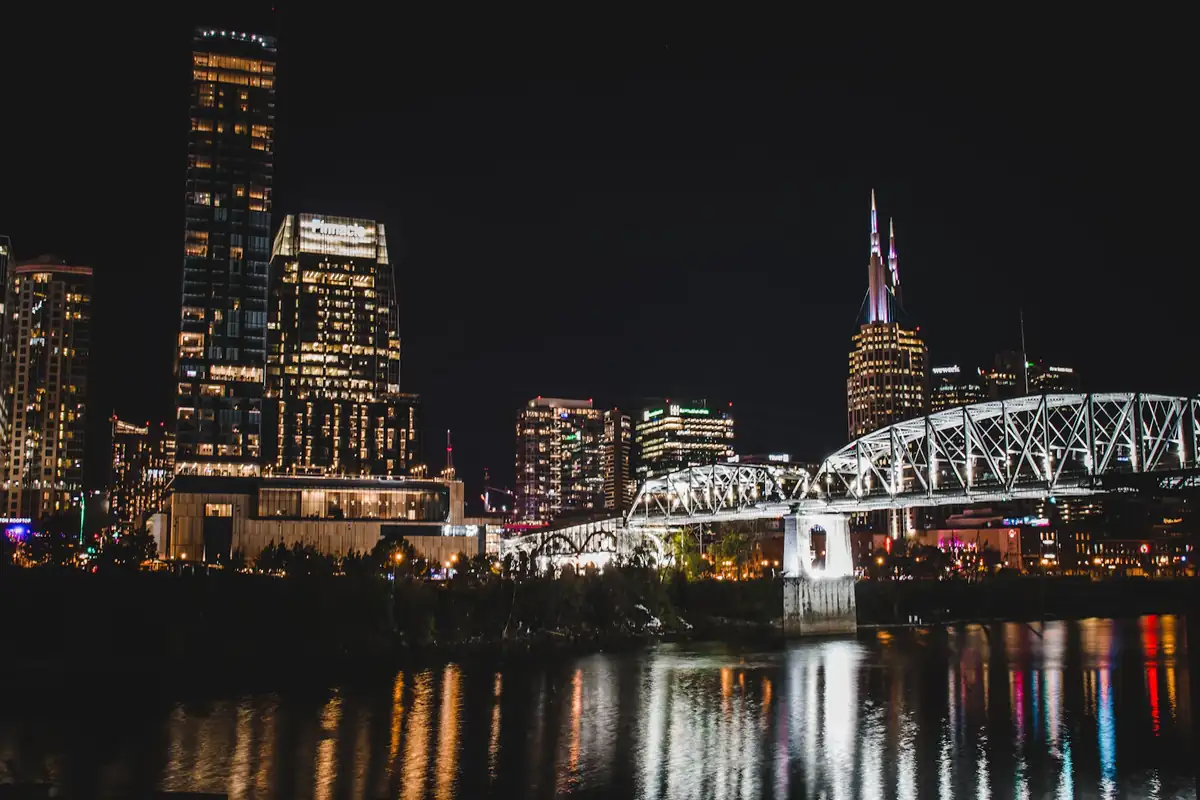 The Nashville skyline at night from a rooftop